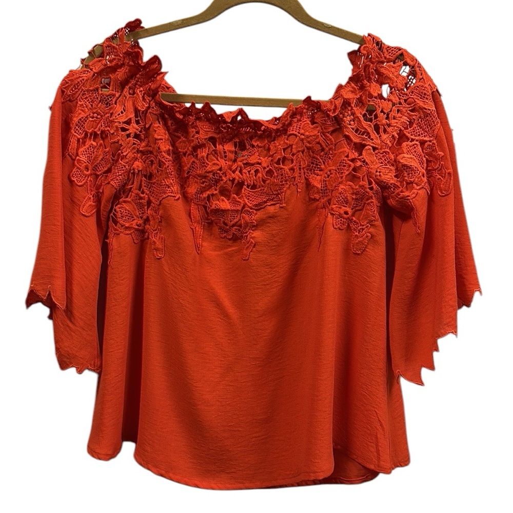 Umgee Red Orange Lace Appliqué Off Shoulder Top Sleeve Detail Womens Small